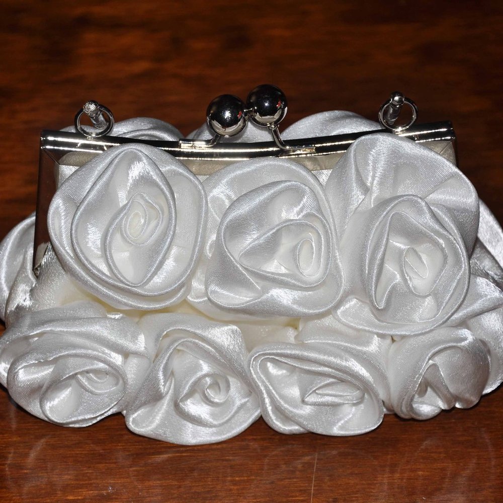 White Satin Flower Evening Purse With Silver Handle & Closure